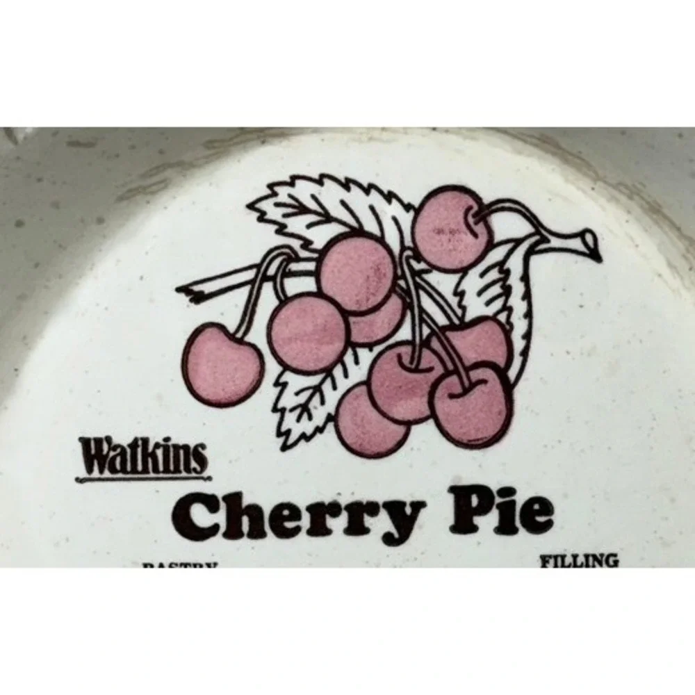 Vintage Watkins Cherry Pie Recipe Plate 11 Inch Stoneware Ceramic Dish USA 6294